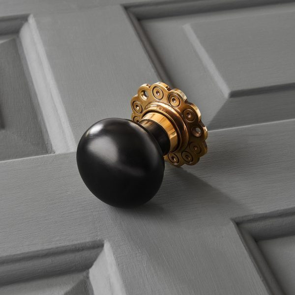 Ebony Bun Door Knobs (Pair) - Aged Brass Collar & Rose - Image 3