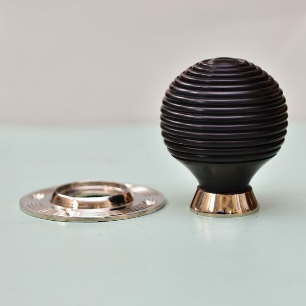 Ebony Wood Beehive Door Knobs (Pair) - Nickel Collar & Rose - Image 2
