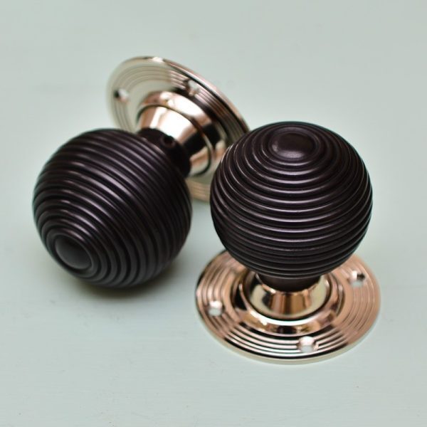 Ebony Wood Beehive Door Knobs (Pair) - Nickel Collar & Rose - Image 3