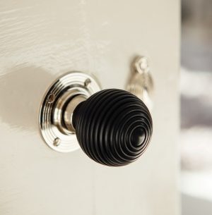 Ebony Wood Beehive Door Knobs (Pair) - Nickel Collar & Rose