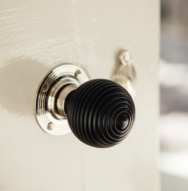 Ebony Wood Beehive Door Knobs (Pair) - Nickel Collar & Rose