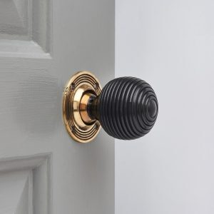 Ebony Wood Beehive Door Knobs (Pair) - Aged Brass Collar & Rose