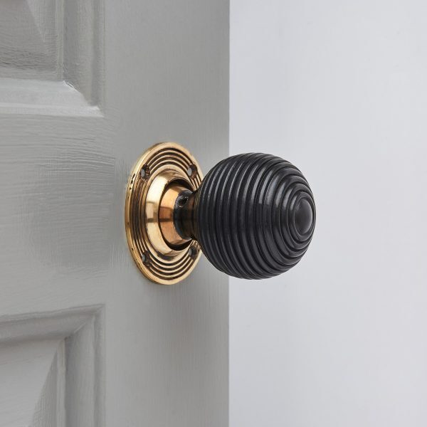 Ebony Wood Beehive Door Knobs (Pair) - Aged Brass Collar & Rose