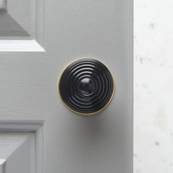 Ebony Wood Beehive Door Knobs (Pair) - Aged Brass Collar & Rose - Image 4