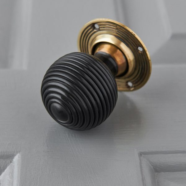 Ebony Wood Beehive Door Knobs (Pair) - Aged Brass Collar & Rose - Image 3