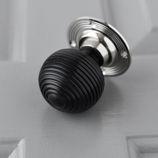 Ebony Wood Beehive Door Knobs (Pair) - Chrome Collar & Rose - Image 3