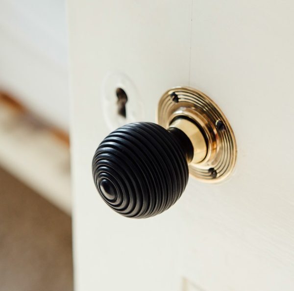 Ebony Wood Beehive Door Knobs (Pair) - Aged Brass Collar & Rose - Image 2