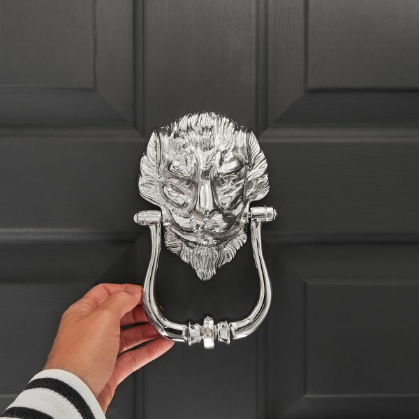 Large Lions Head Door Knocker - Polished Nickel - Image 3