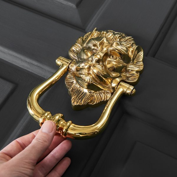 Large Lions Head Door Knocker - Polished Brass - Image 3