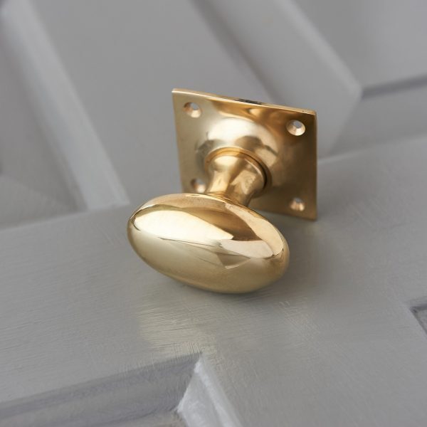 Oval Door Knobs on Square Back Plate (Pair) - Polished Brass - Image 2
