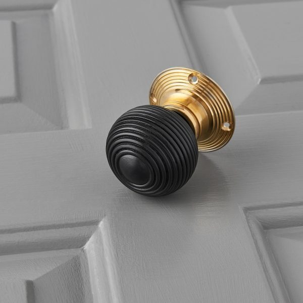 Ebonised Beehive Door Knobs (Pair) - Polished Brass Collar & Rose - Image 2