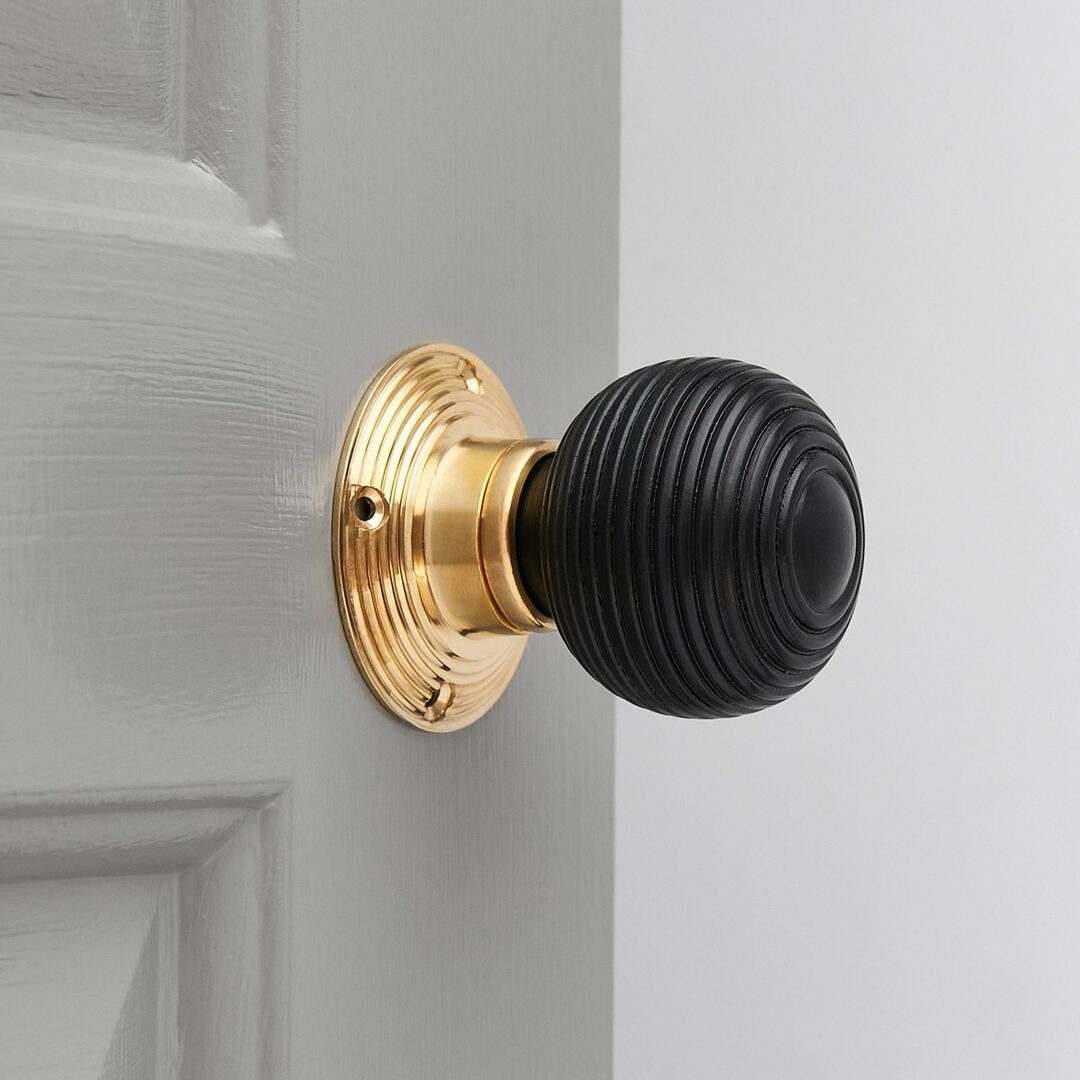 Ebonised Beehive Door Knobs (Pair) - Polished Brass Collar & Rose