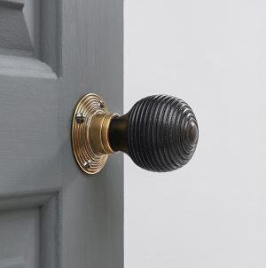 Ebonised Beehive Door Knobs (Pair) - Antique Brass Collar & Rose
