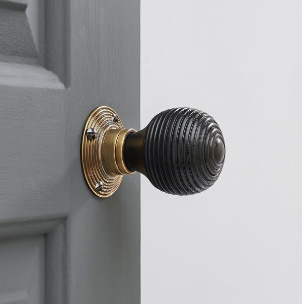 Ebonised Beehive Door Knobs (Pair) - Antique Brass Collar & Rose
