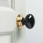 black porcelain door knobs (pair) polished brass collar & rose