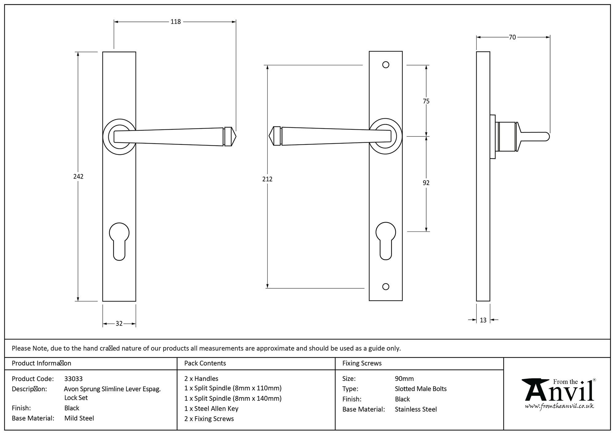 black avon slimline lever espag. lock set