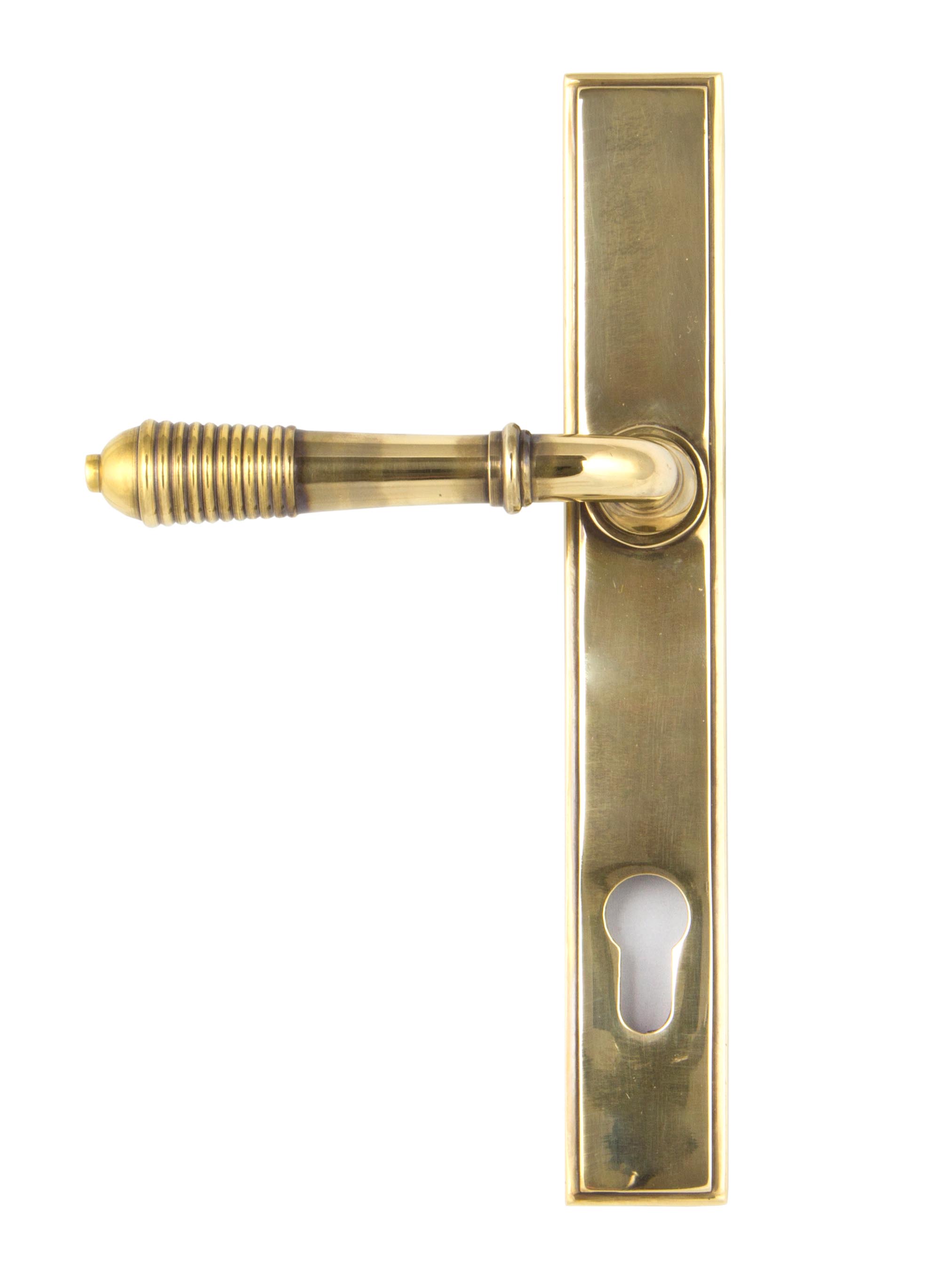 aged brass reeded slimline lever espag. lock set