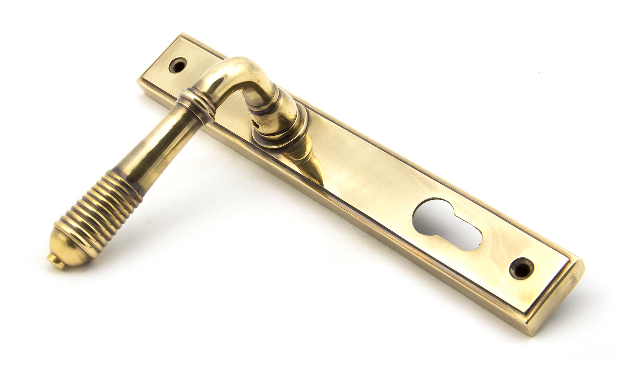 aged brass reeded slimline lever espag. lock set