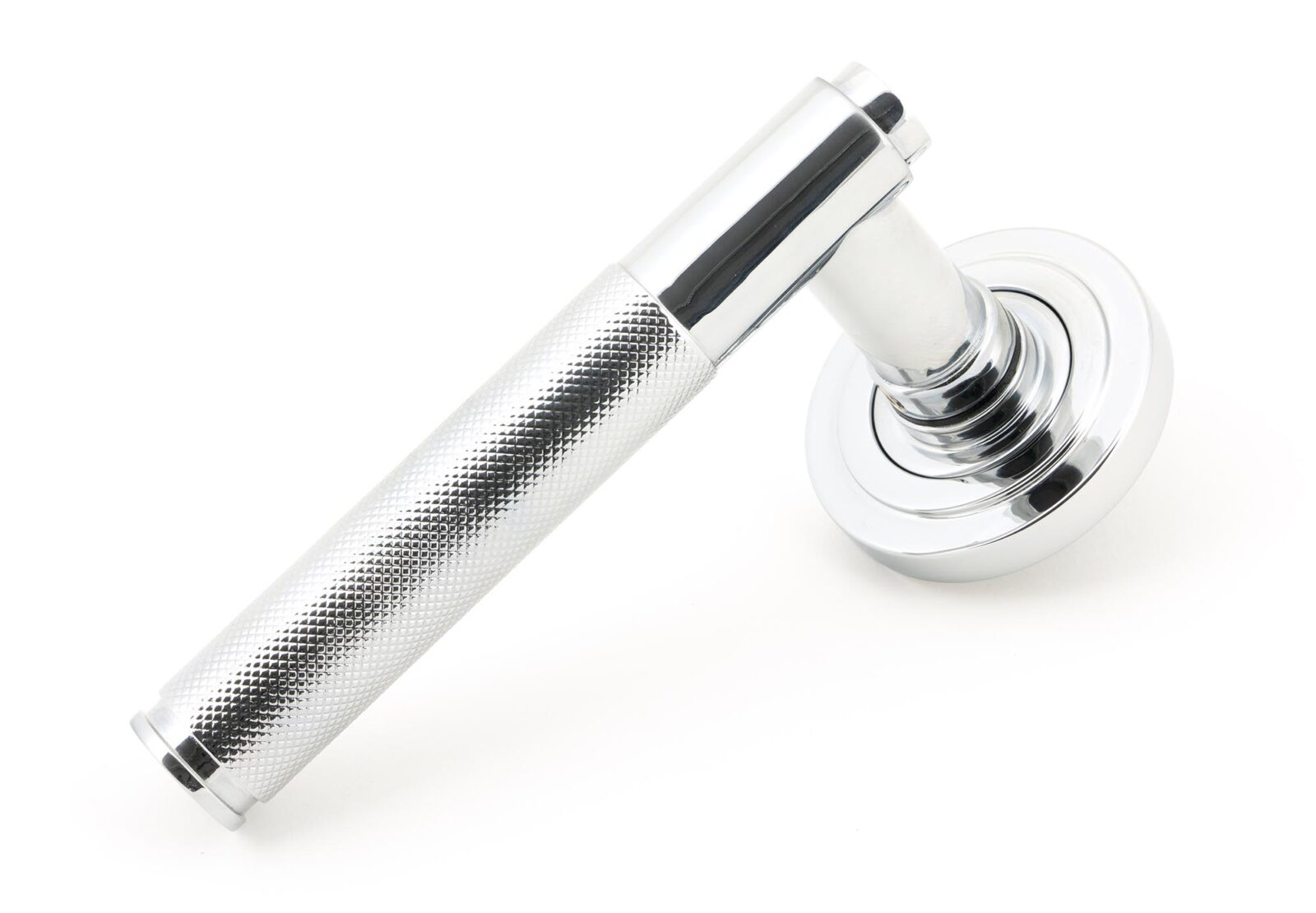 polished chrome brompton lever on rose set (art deco)