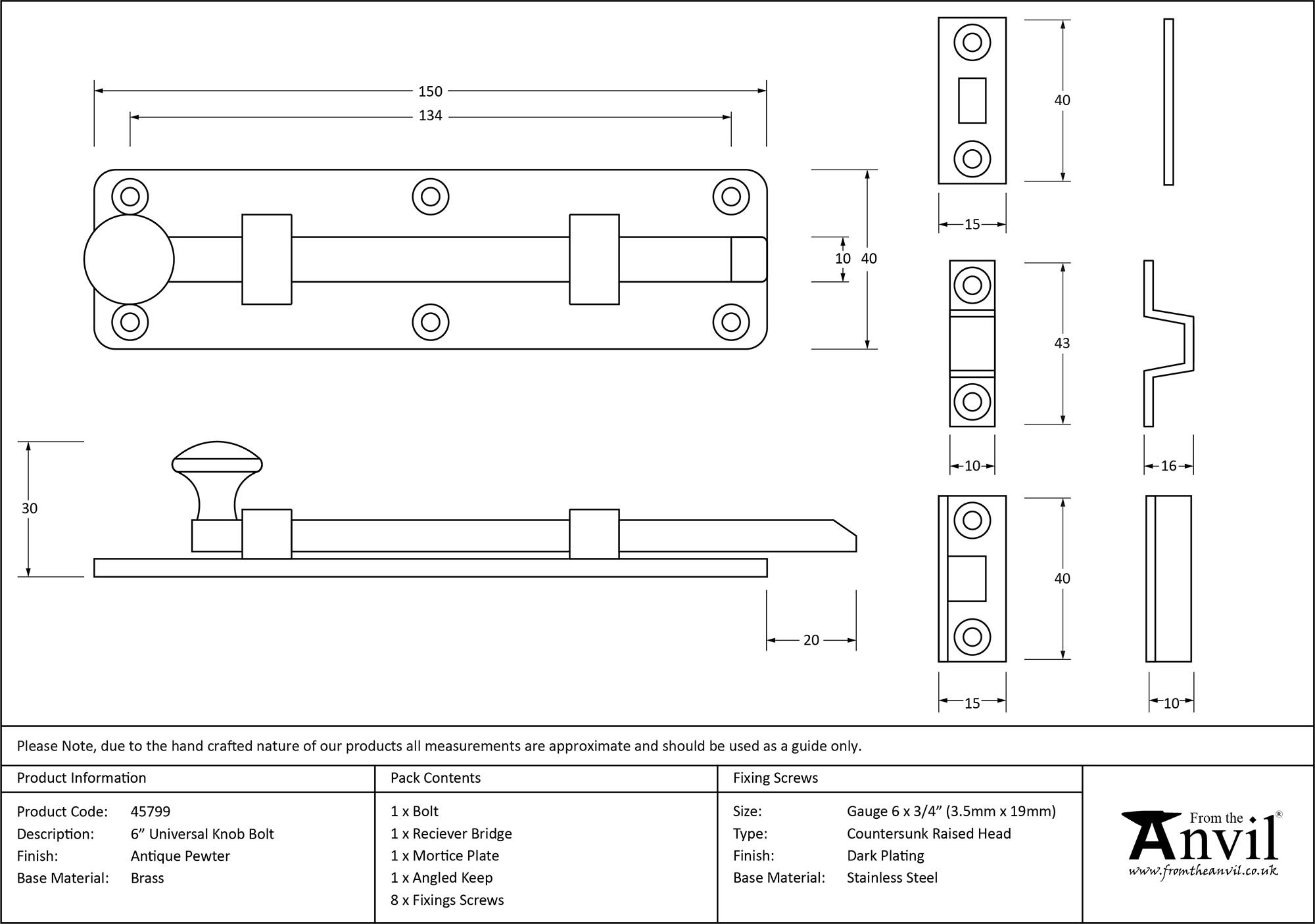 antique pewter 6" universal bolt