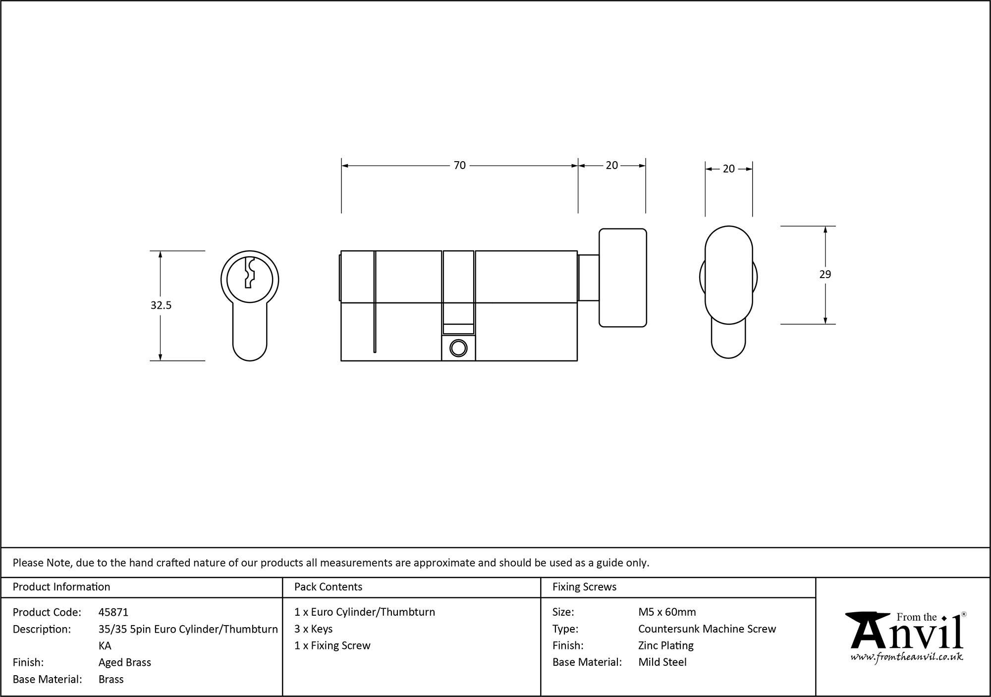 aged brass 35/35 5pin euro cylinder/thumbturn ka