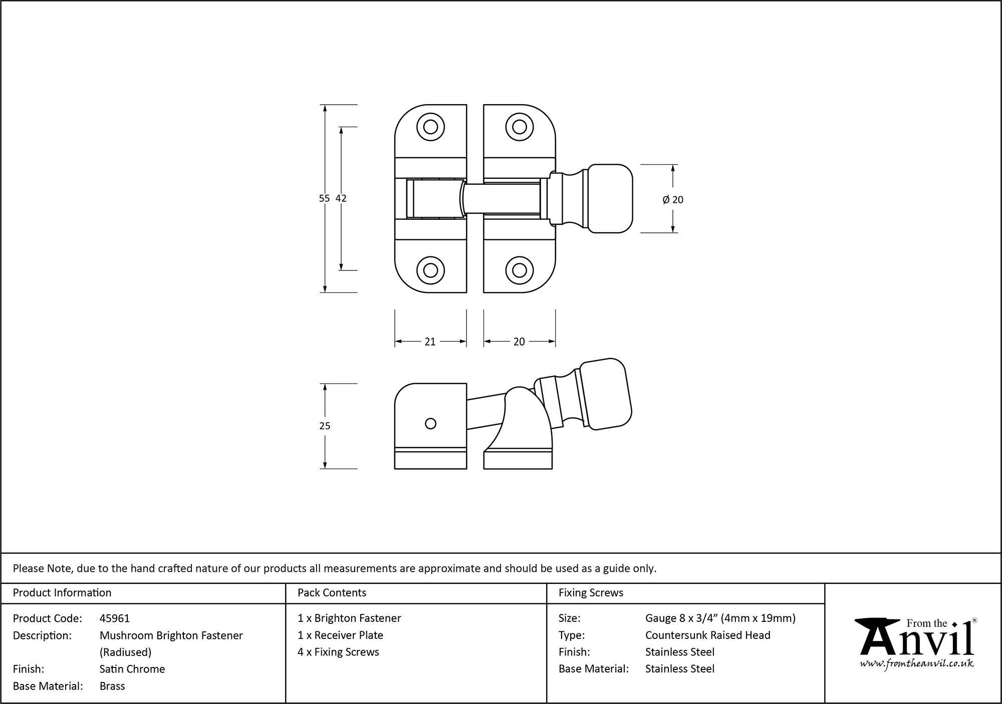 satin chrome mushroom brighton fastener (radiused)