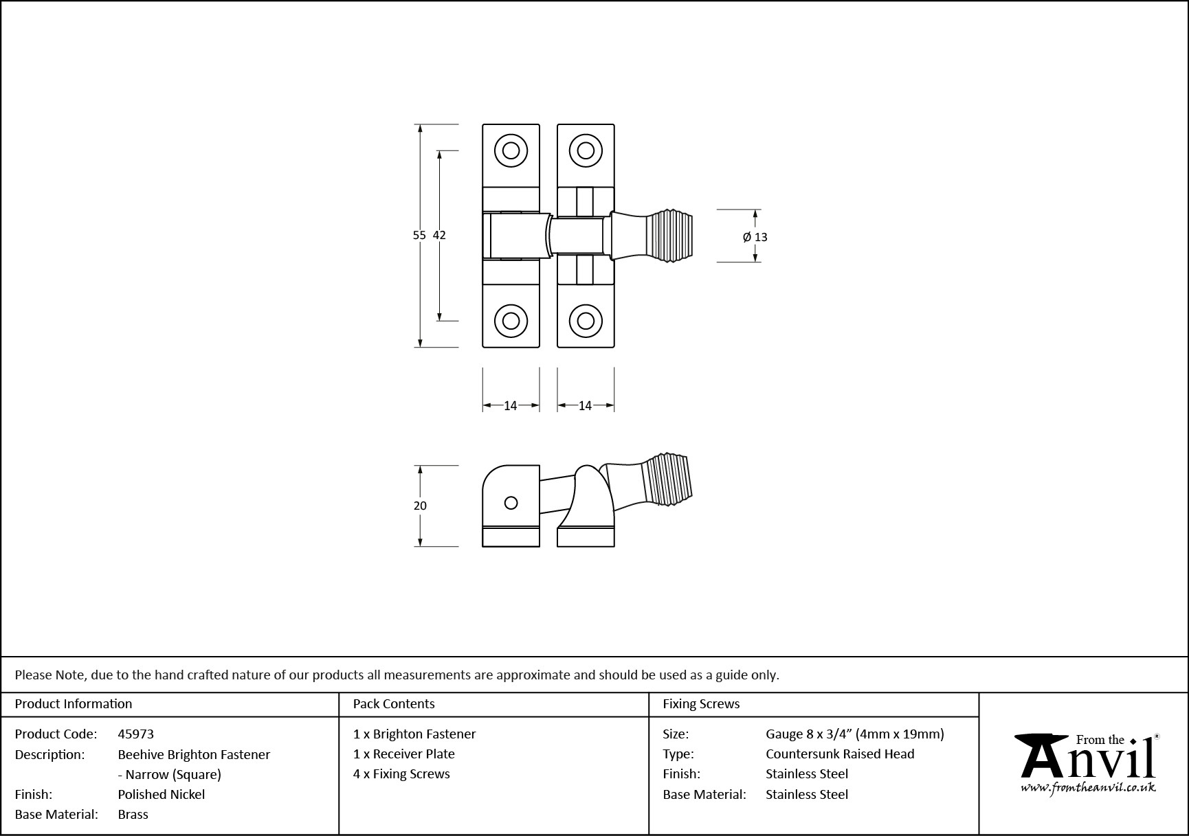 polished nickel beehive brighton fastener narrow (square)