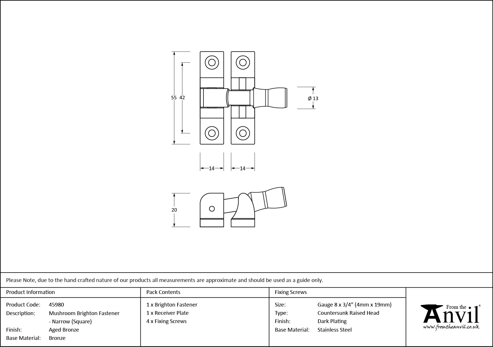 aged bronze mushroom brighton fastener narrow (square)