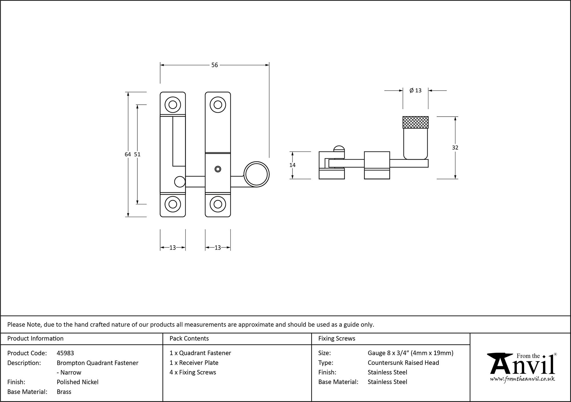 polished nickel brompton quadrant fastener narrow