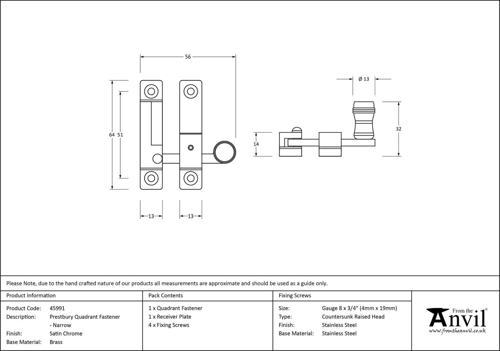 satin chrome prestbury quadrant fastener narrow