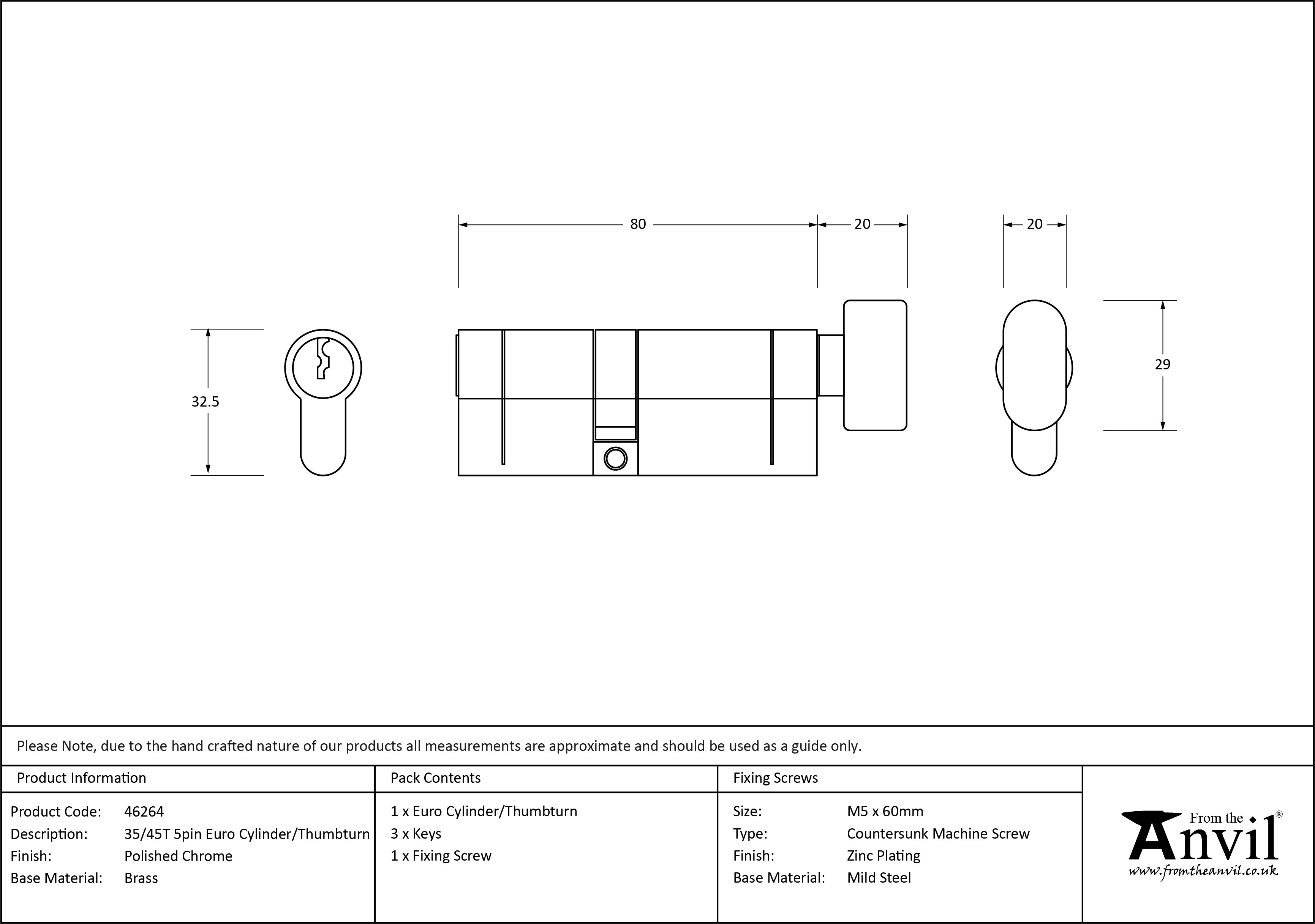 polished chrome 35/45t 5pin euro cylinder/thumbturn