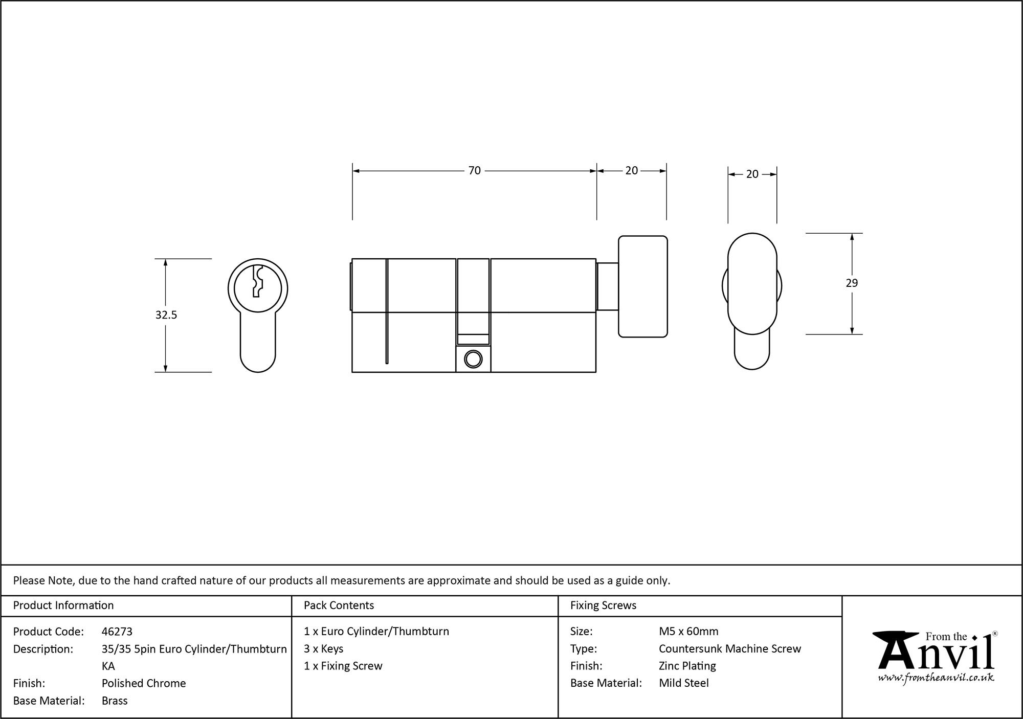 polished chrome 35/35 5pin euro cylinder/thumbturn ka