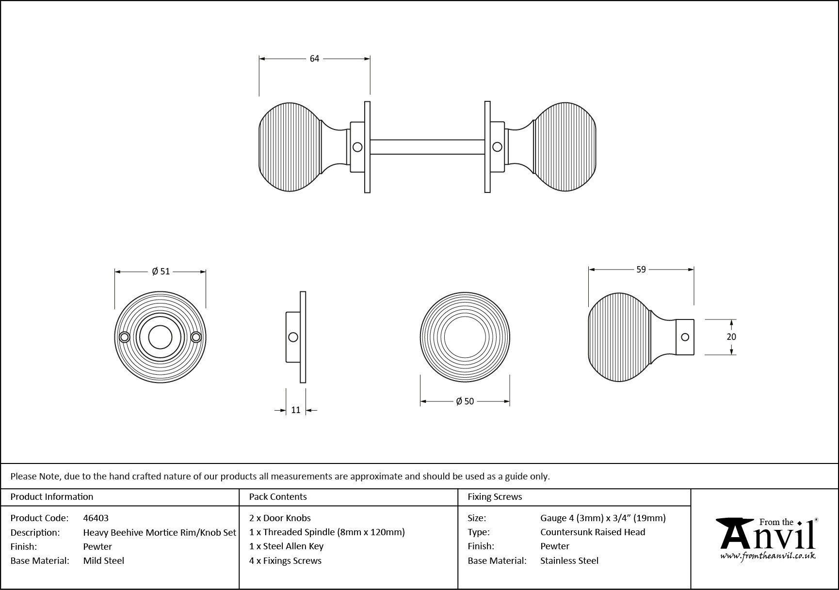 pewter heavy beehive mortice/rim knob set