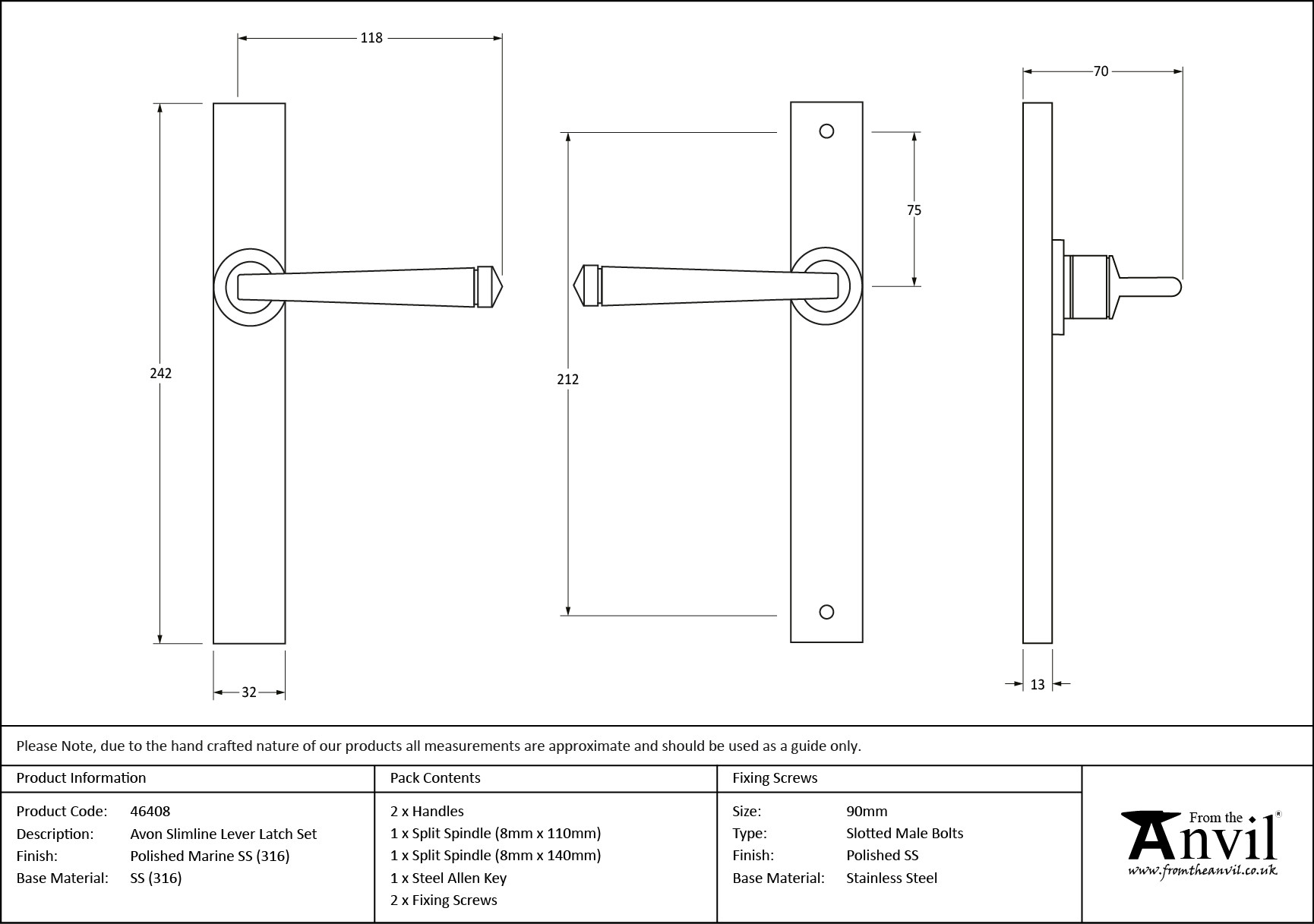 polished marine ss (316) avon slimline lever espag. latch set