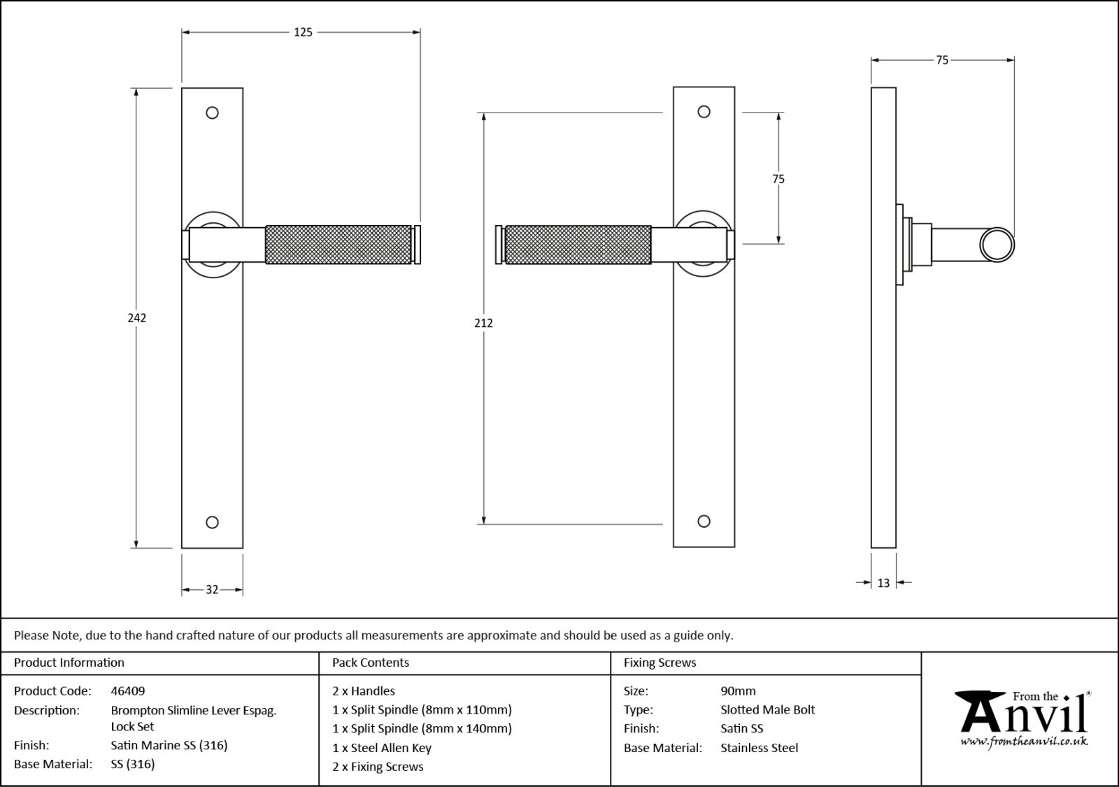 satin marine ss (316) brompton slimline lever espag. latch set