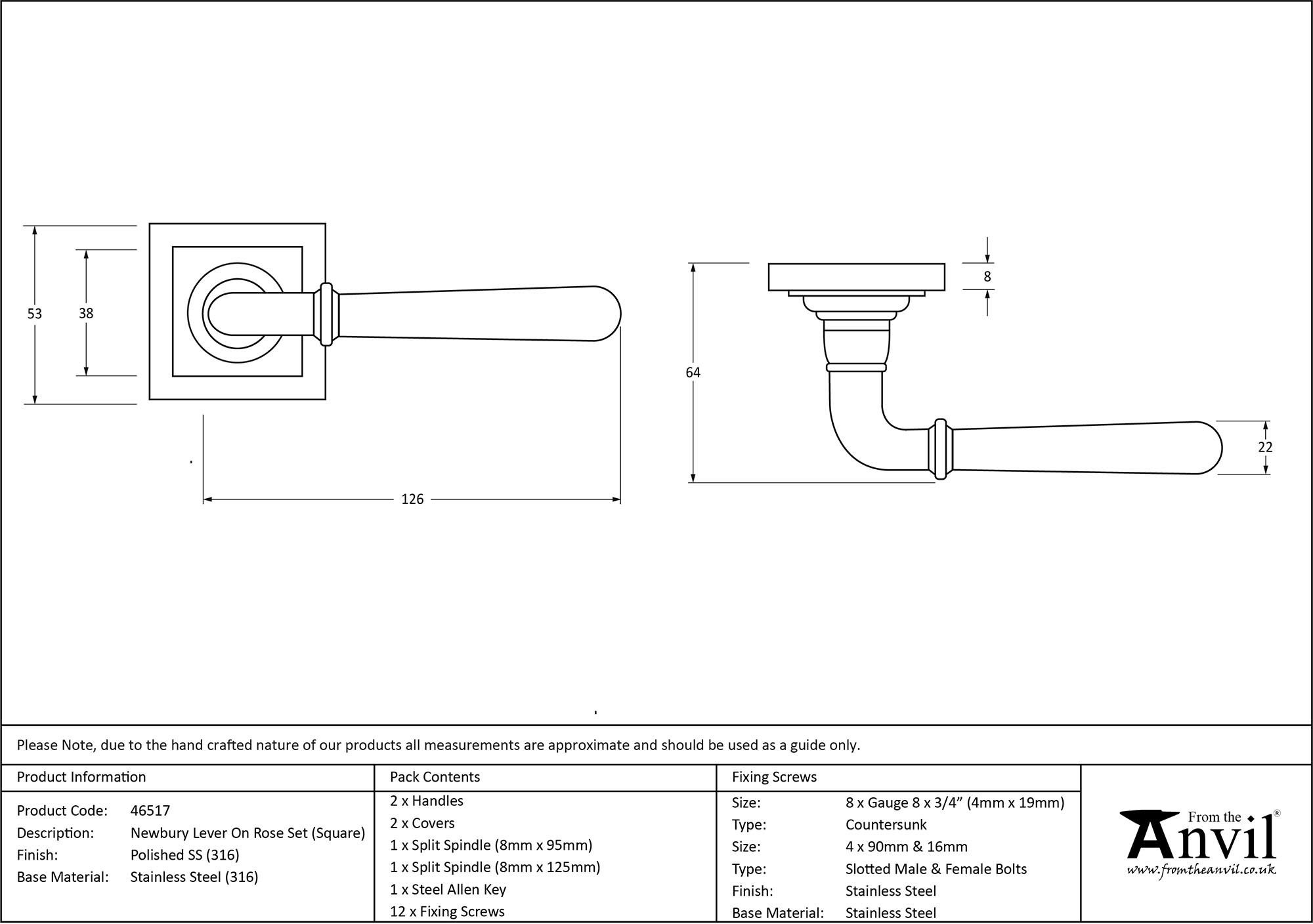 polished marine ss (316) newbury lever on rose set (square)