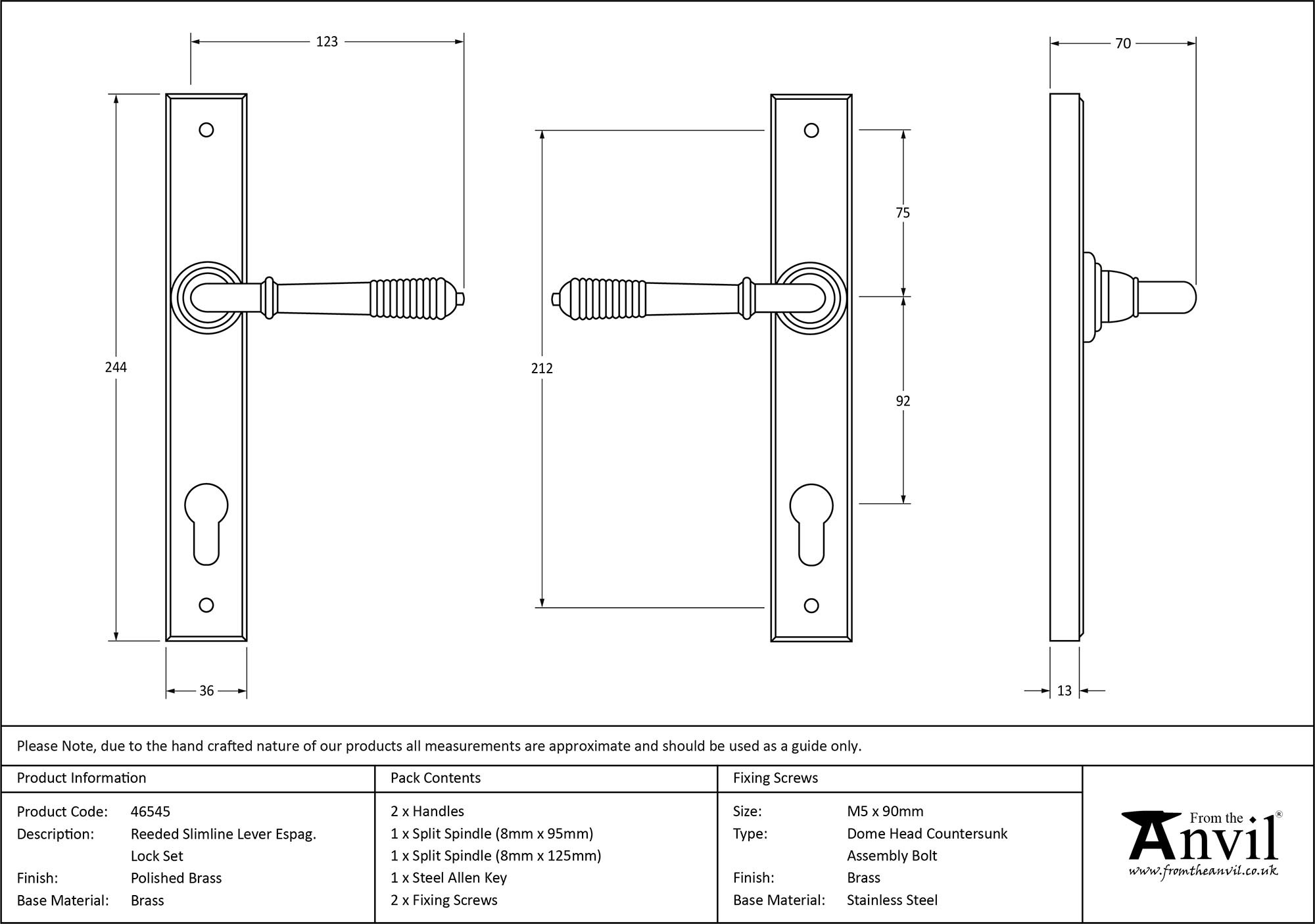 polished brass reeded slimline lever espag. lock set