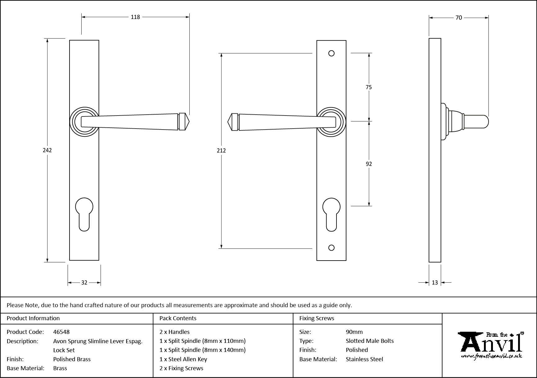 polished brass avon slimline lever espag. lock set