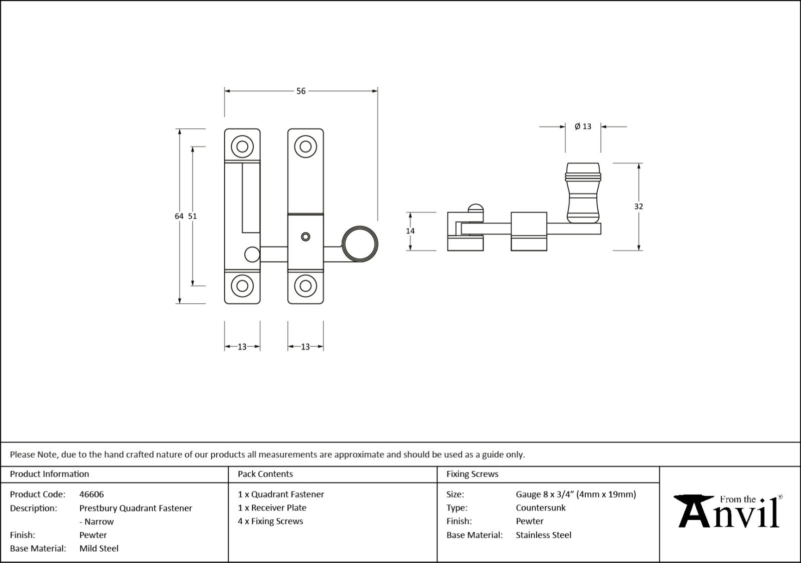 pewter prestbury quadrant fastener narrow