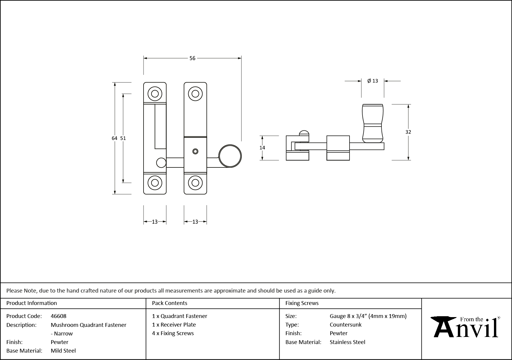 pewter mushroom quadrant fastener narrow