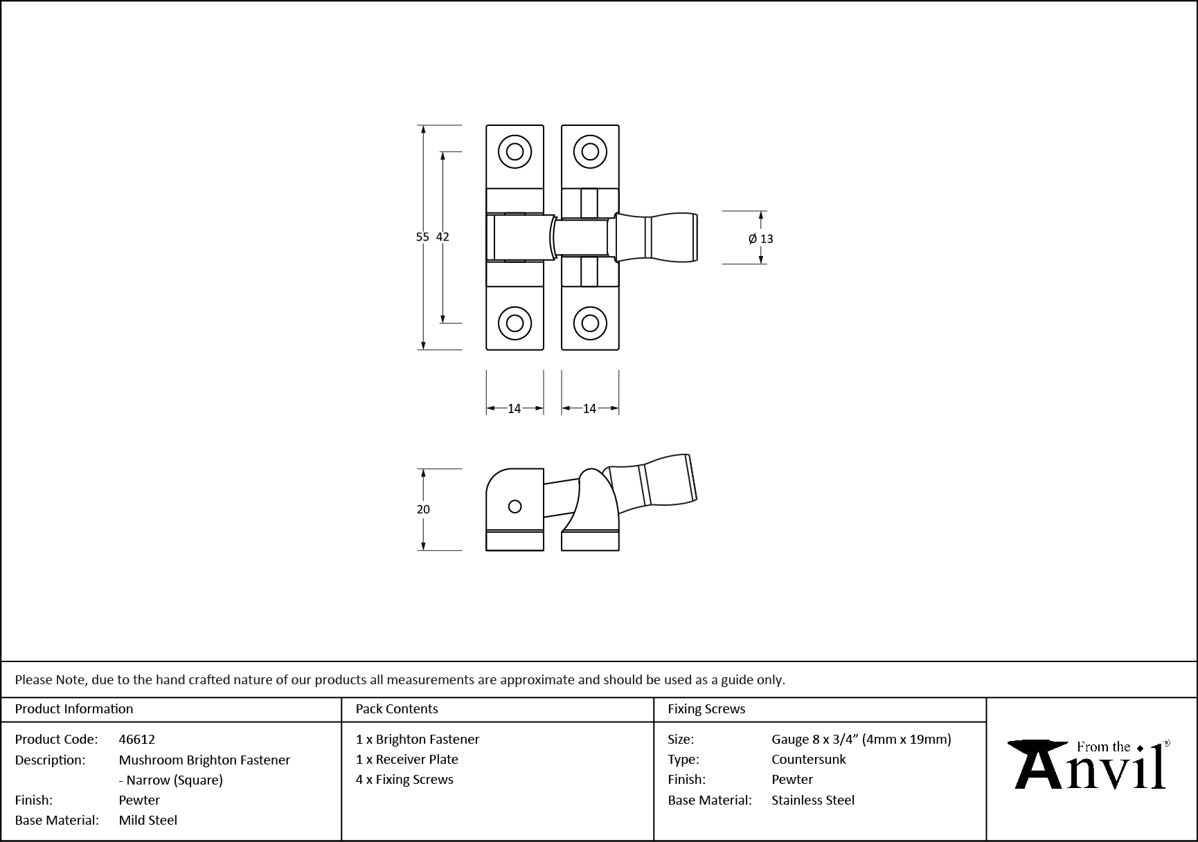 pewter mushroom brighton fastener narrow (square)