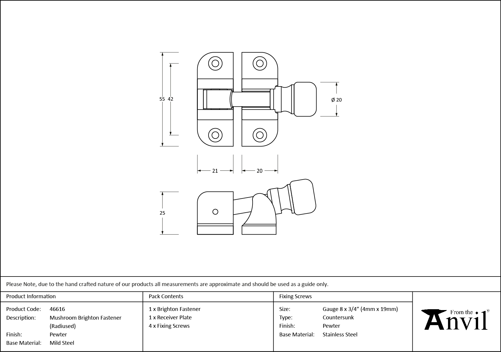 pewter mushroom brighton fastener (radiused)