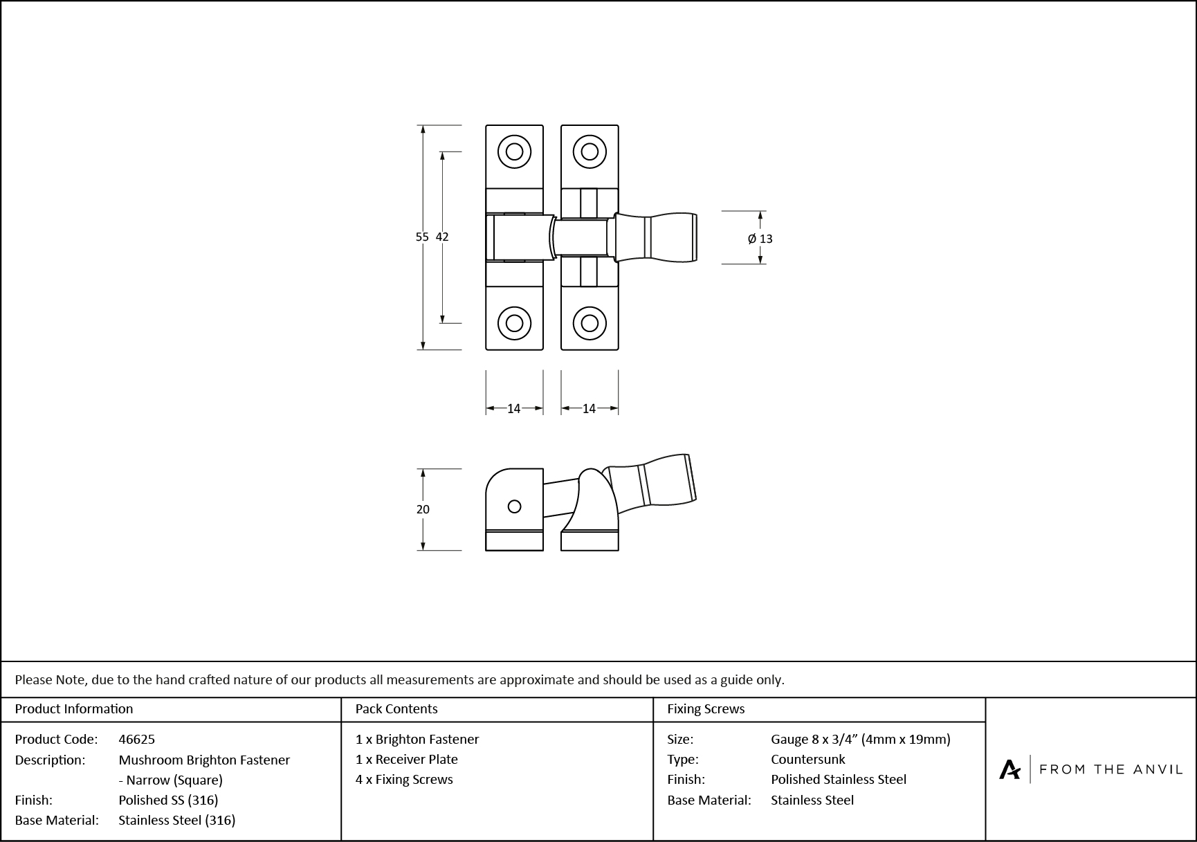 polished marine ss (316) mushroom brighton fastener narrow (square)