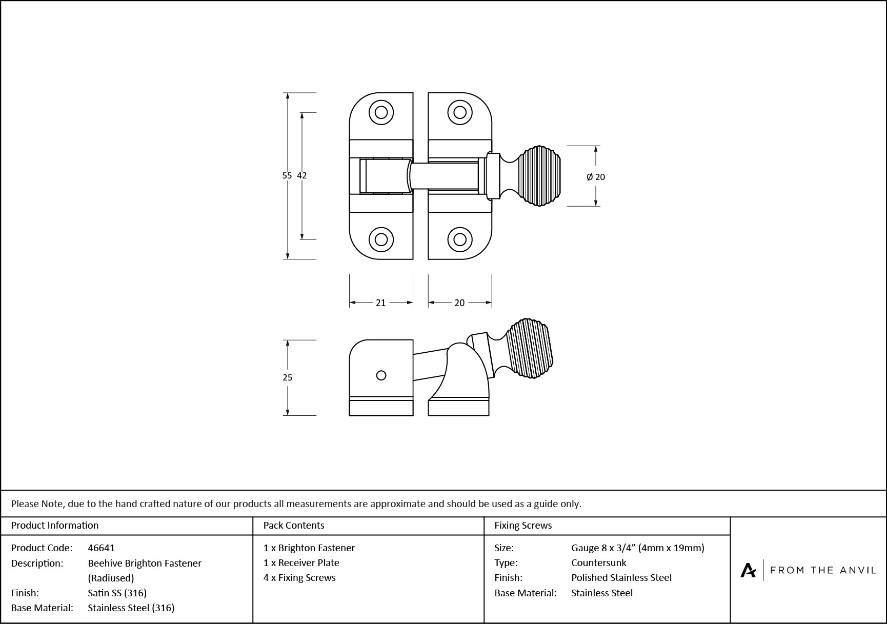 satin marine ss (316) beehive brighton fastener (radiused)