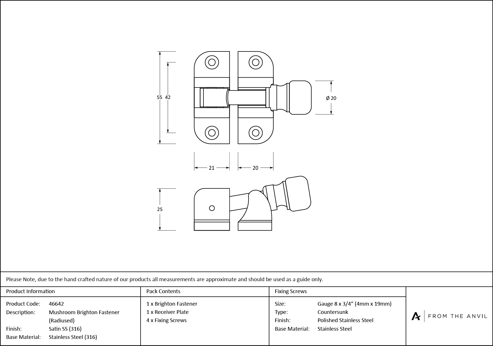 satin marine ss (316) mushroom brighton fastener (radiused)