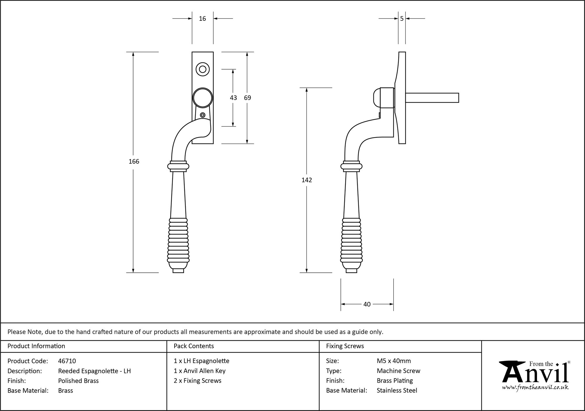 polished brass reeded espag lh