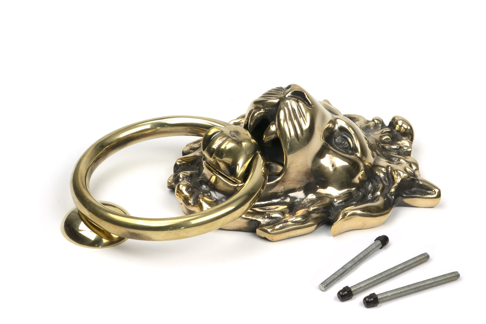 aged brass lion head door knocker