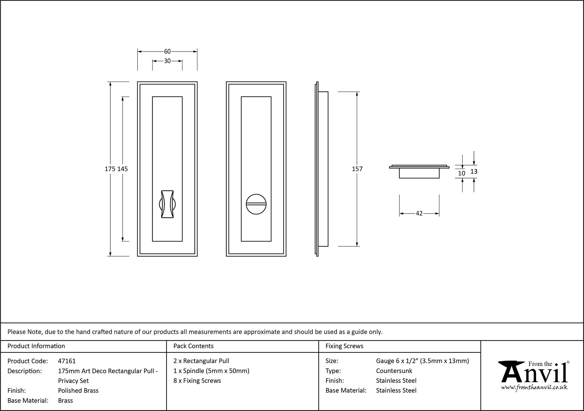 polished brass 175mm art deco rectangular pull privacy set