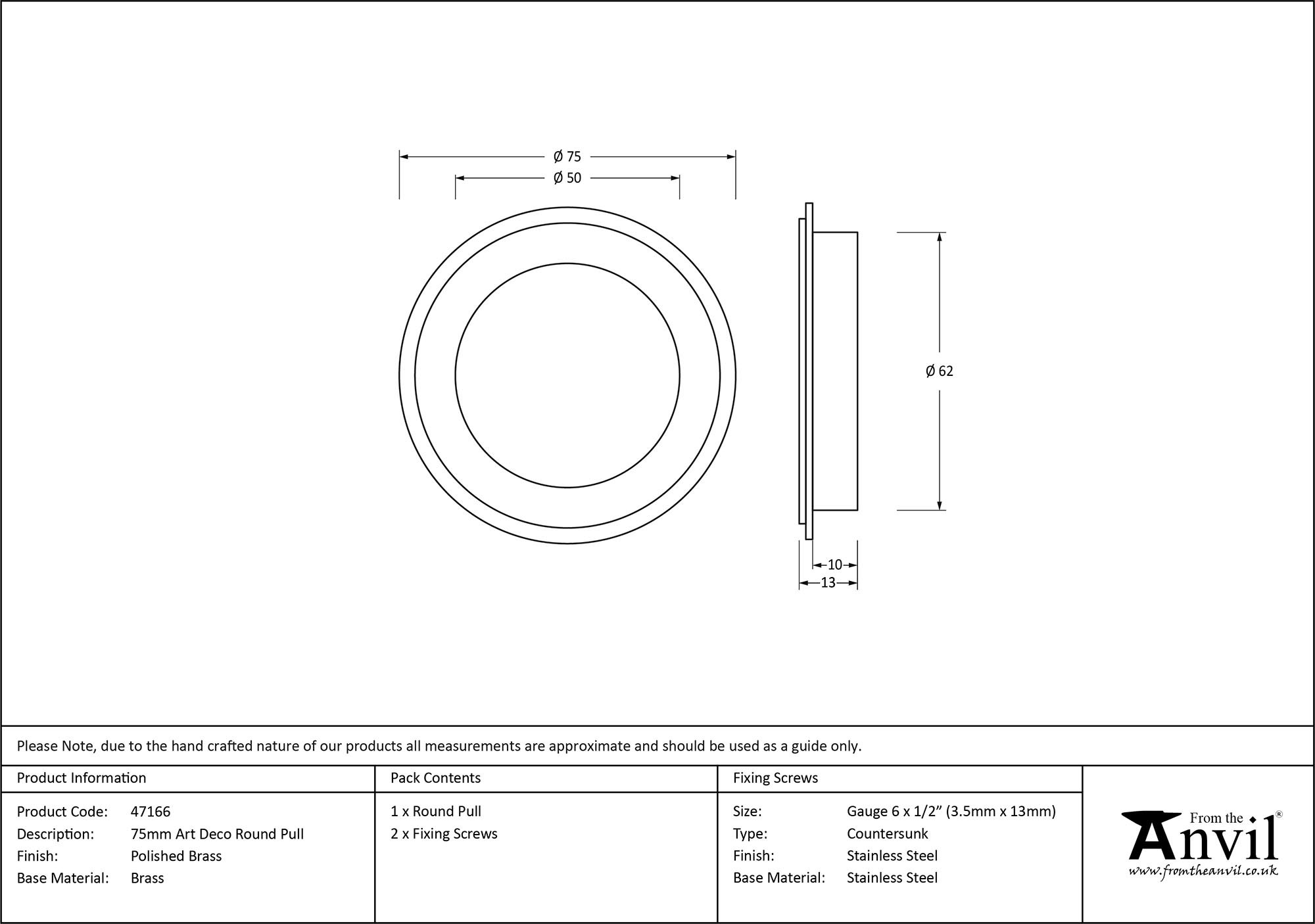 polished brass 75mm art deco round pull