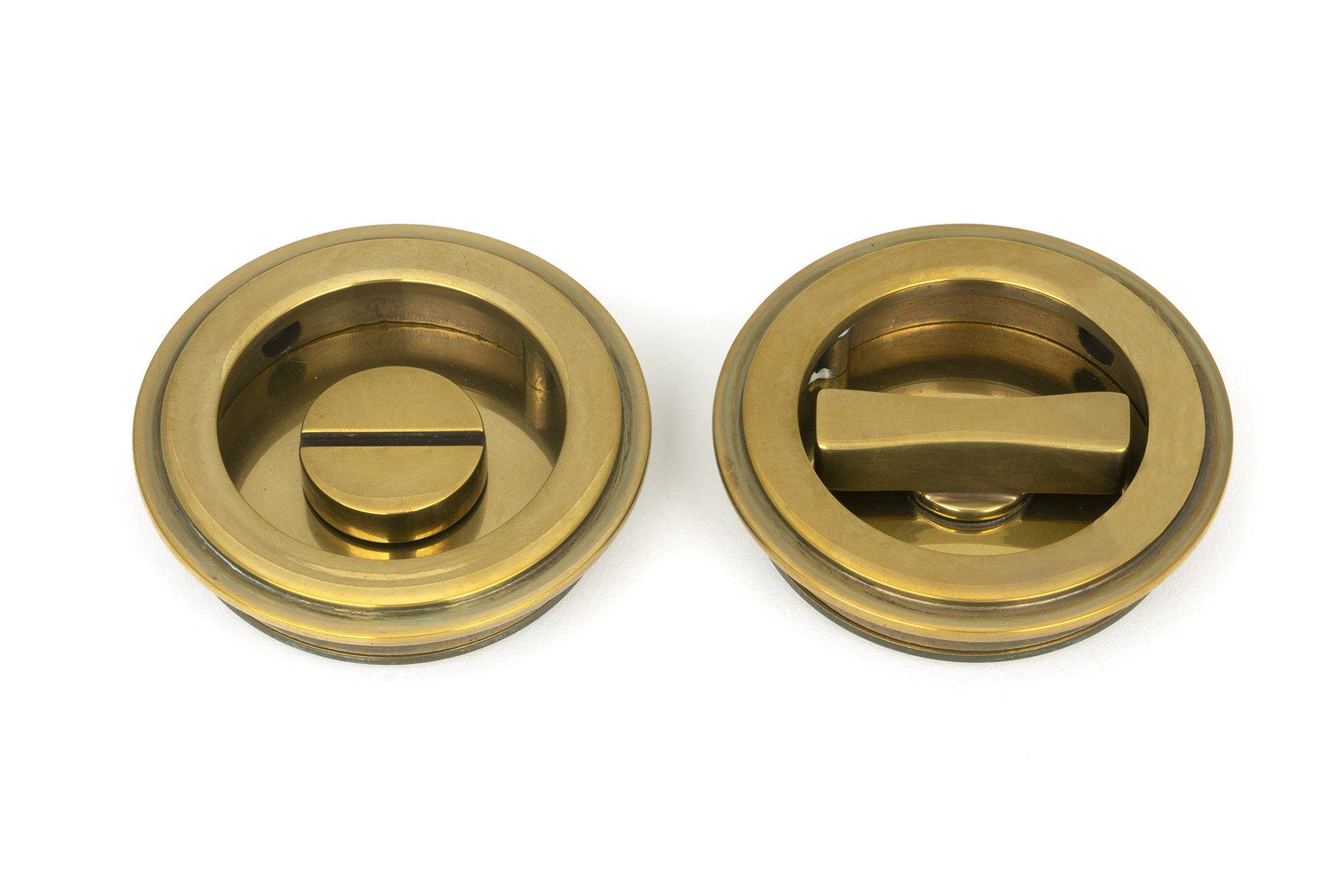 aged brass 60mm art deco round pull privacy set